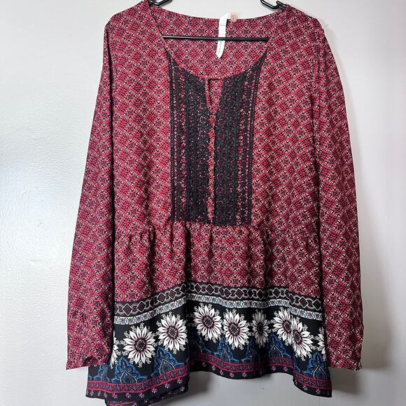 NY Collection Tops - ✨NY Collection Boho Peasant Top Womens L Red Black Lace Long Sleeve  Blouse